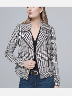 White House Black Market Black & White Houndstooth Moto Blazer